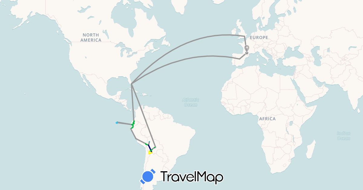 TravelMap itinerary: driving, bus, plane, boat, sleeping bus, 4x4 in Bolivia, Ecuador, Spain, France, United Kingdom, Peru, United States (Europe, North America, South America)